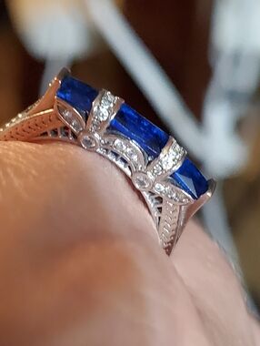 Blue Spinel  Art Deco Ring with Clear Accents